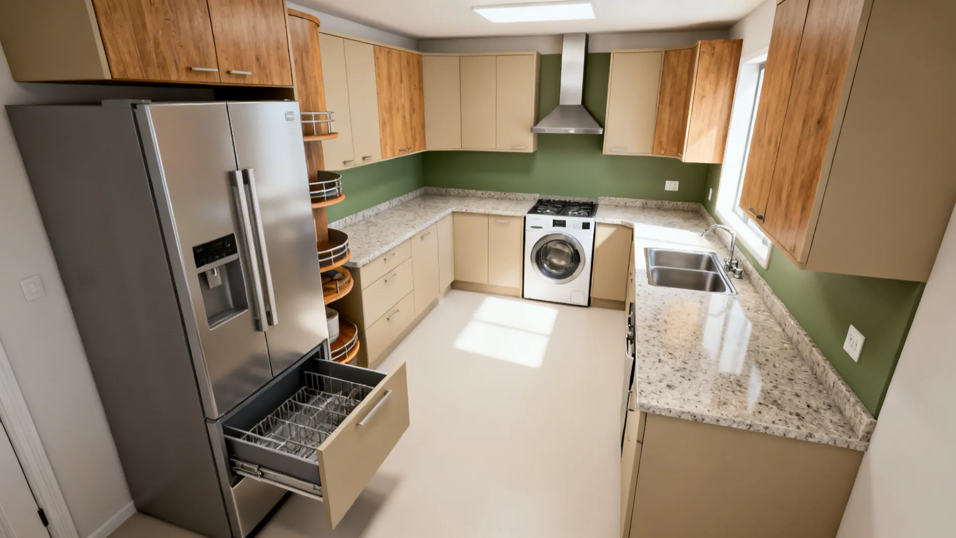 L-shaped compact kitchen with the fridge on the short leg and the washer at the end run, creating a clear prep zone.