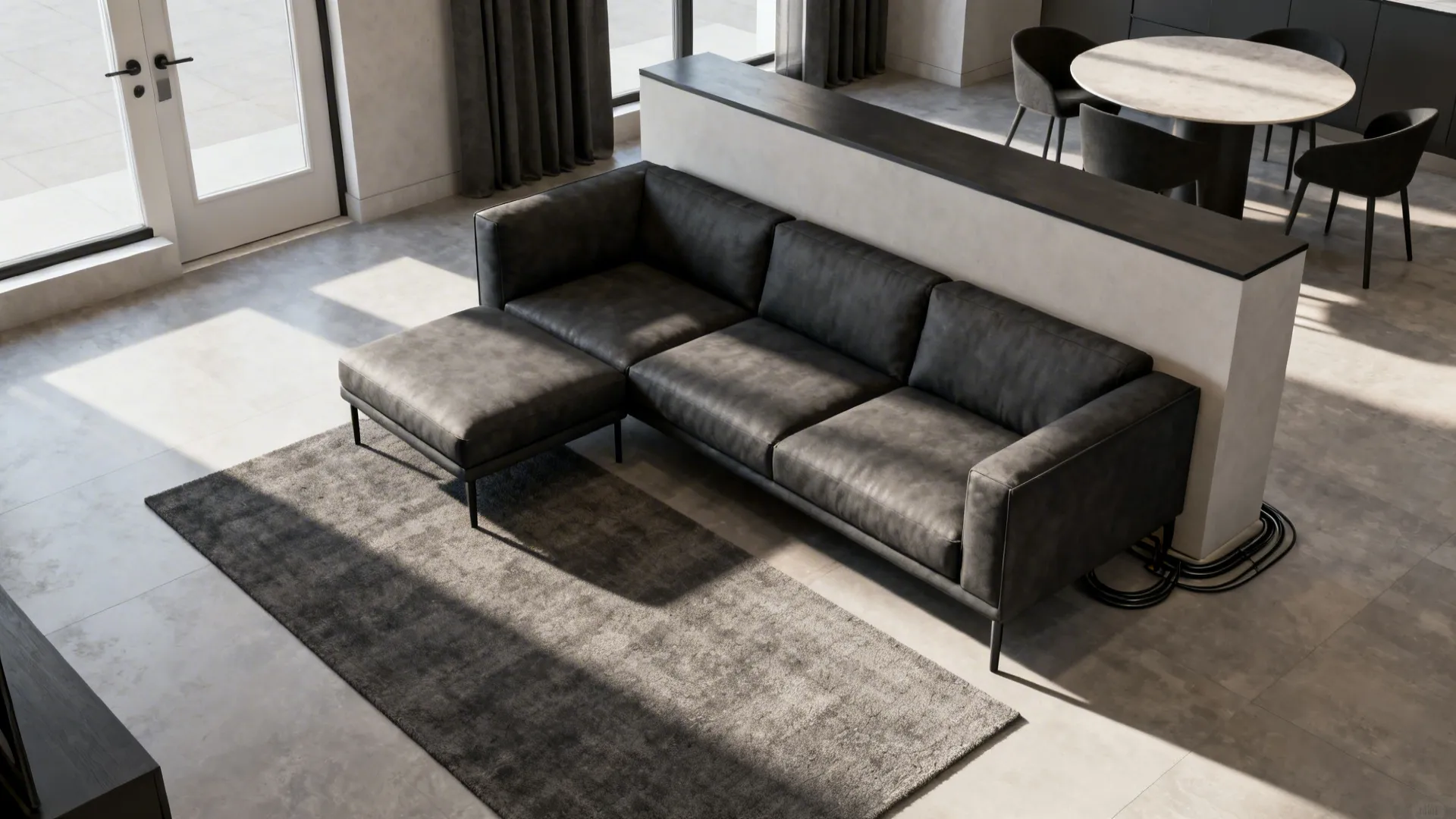 Top-down layout of a small living room zoned by an L-shaped sofa and slim console with clear circulation.