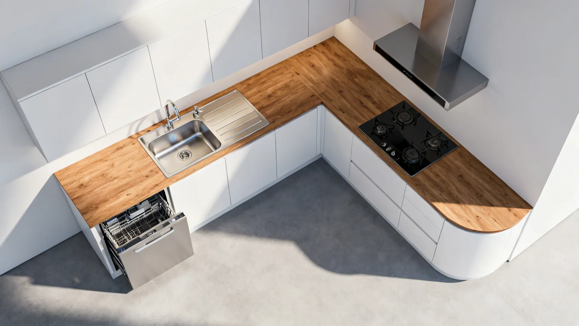 Top-down view of an L-shaped small kitchen with defined prep, cook, and clean zones and a corner organizer.