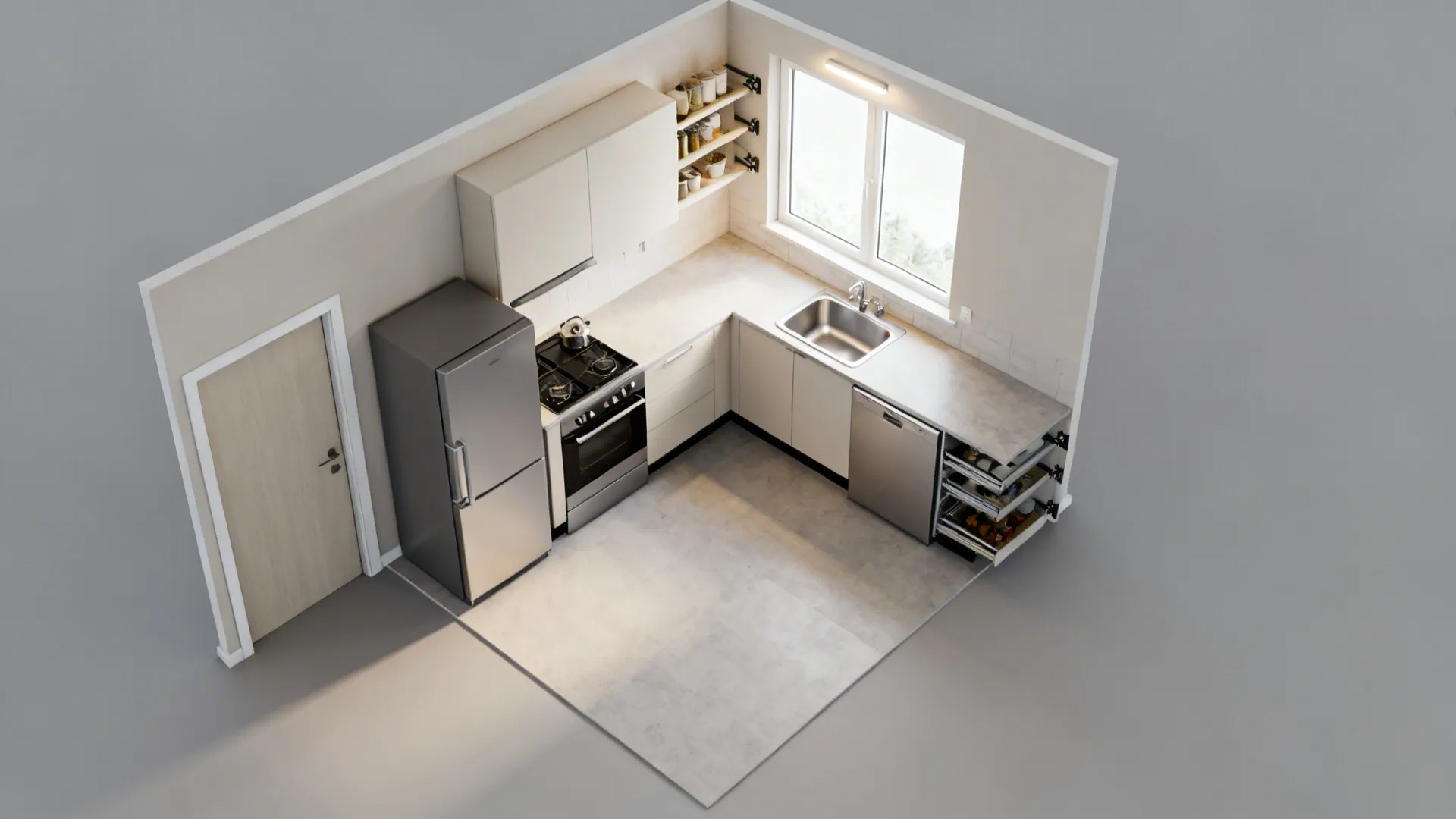 Top-down L-shaped kitchen showing fridge by entry, sink by window, and cooktop on the short leg.
