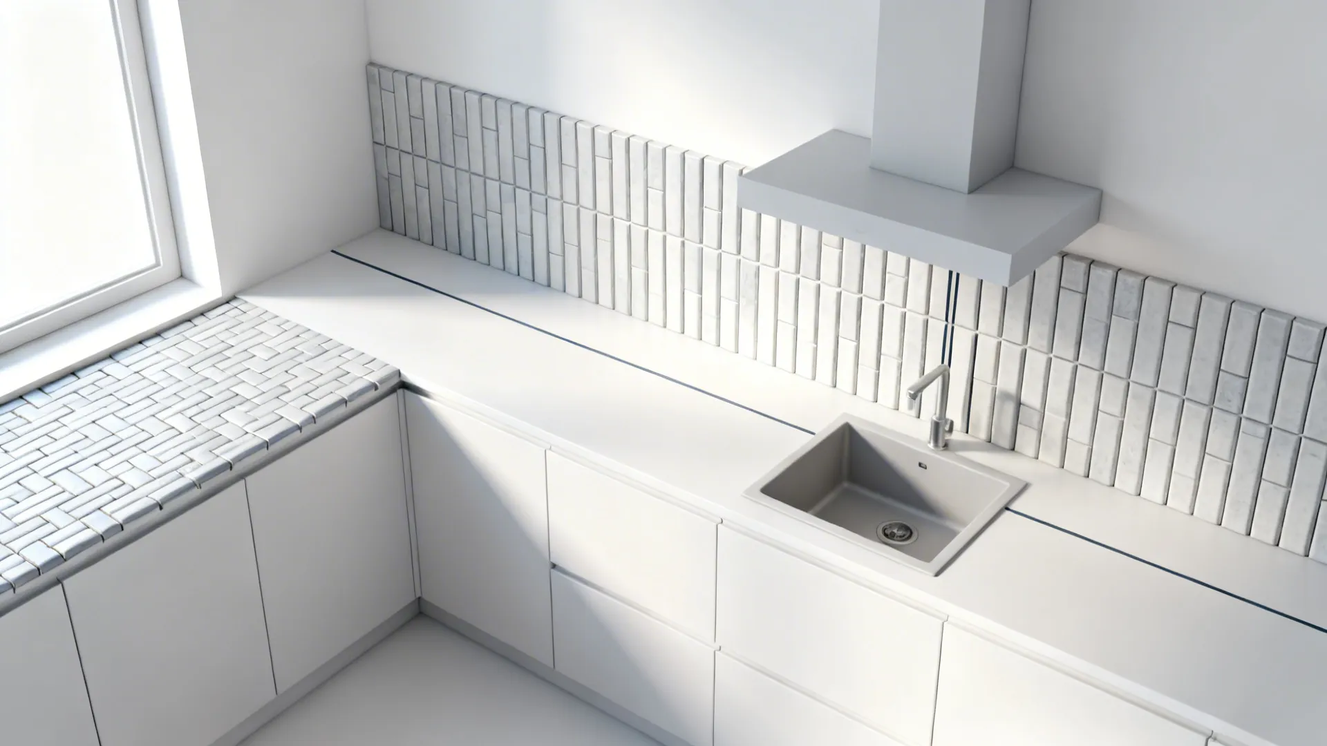 Top view of white kitchen cabinets with sink and grey wall tiles in corner layout