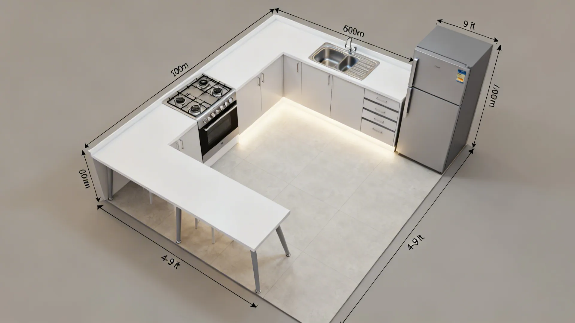 Top-down L-shaped kitchen plan showing work triangle, clearances, and corner carousel in a compact space.
