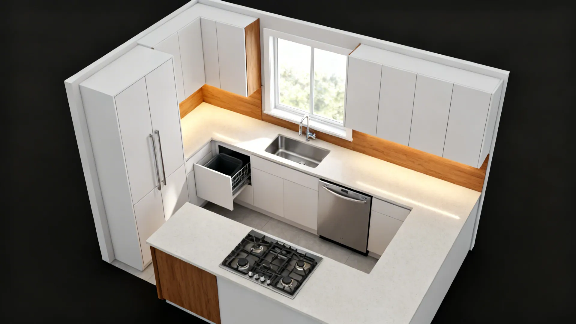 Modern U-shaped kitchen with white cabinets wood accents a sink gas stove and dishwasher appliance