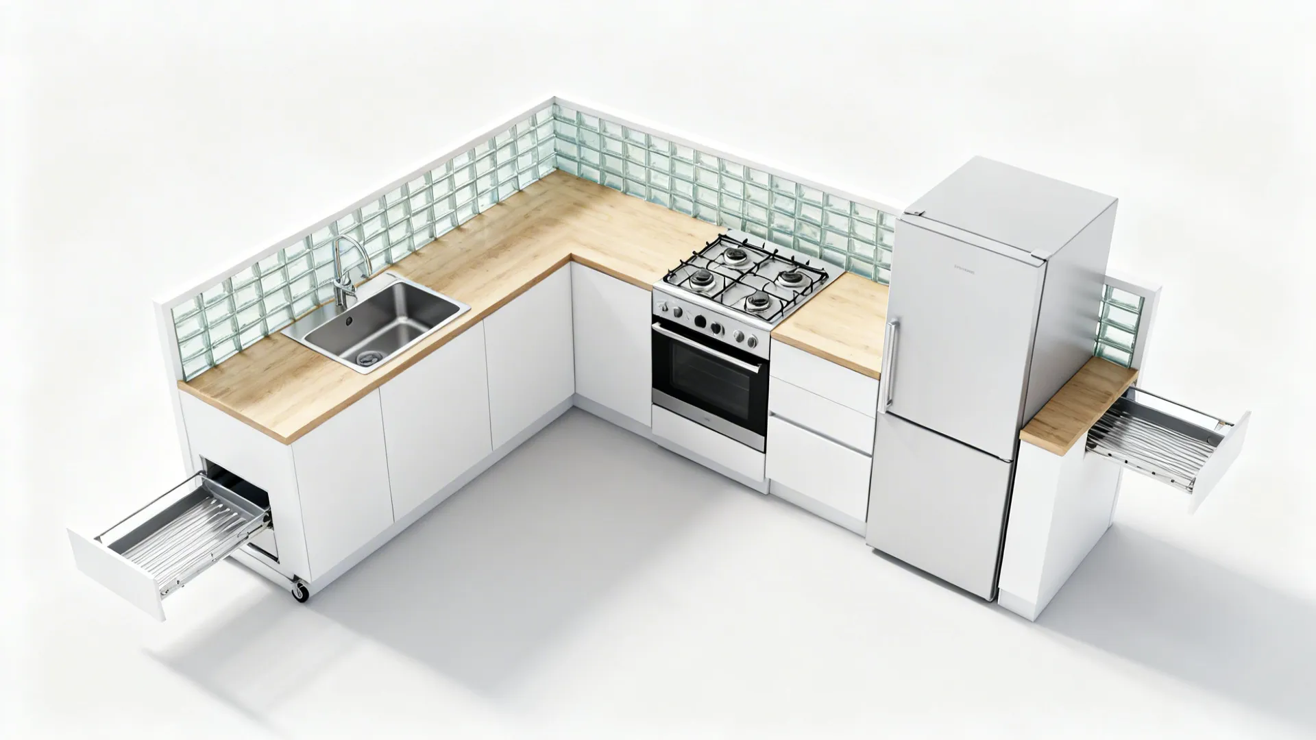 Top-down view of an L-shaped 6x8 kitchen with optimized work triangle and corner solution.