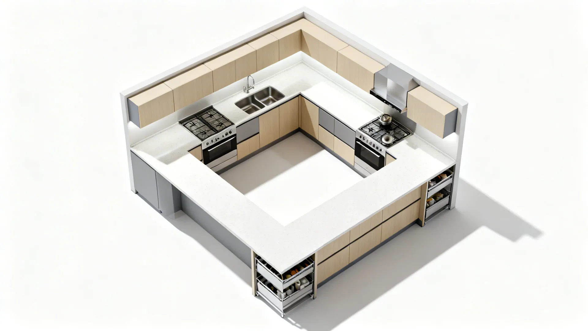 Top-down view of an L-shaped 8 x 7 modular kitchen showing continuous counters and efficient zoning.