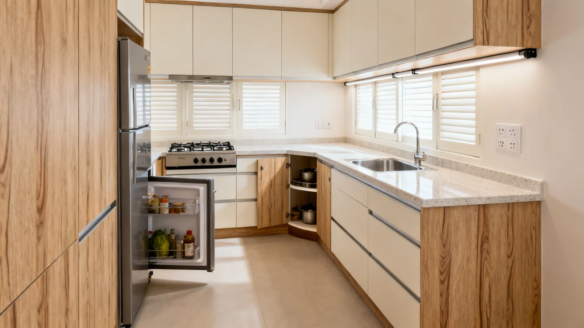 L-shaped 9x5 kitchen with hob on long leg, sink on short leg, and a clear one-meter aisle.