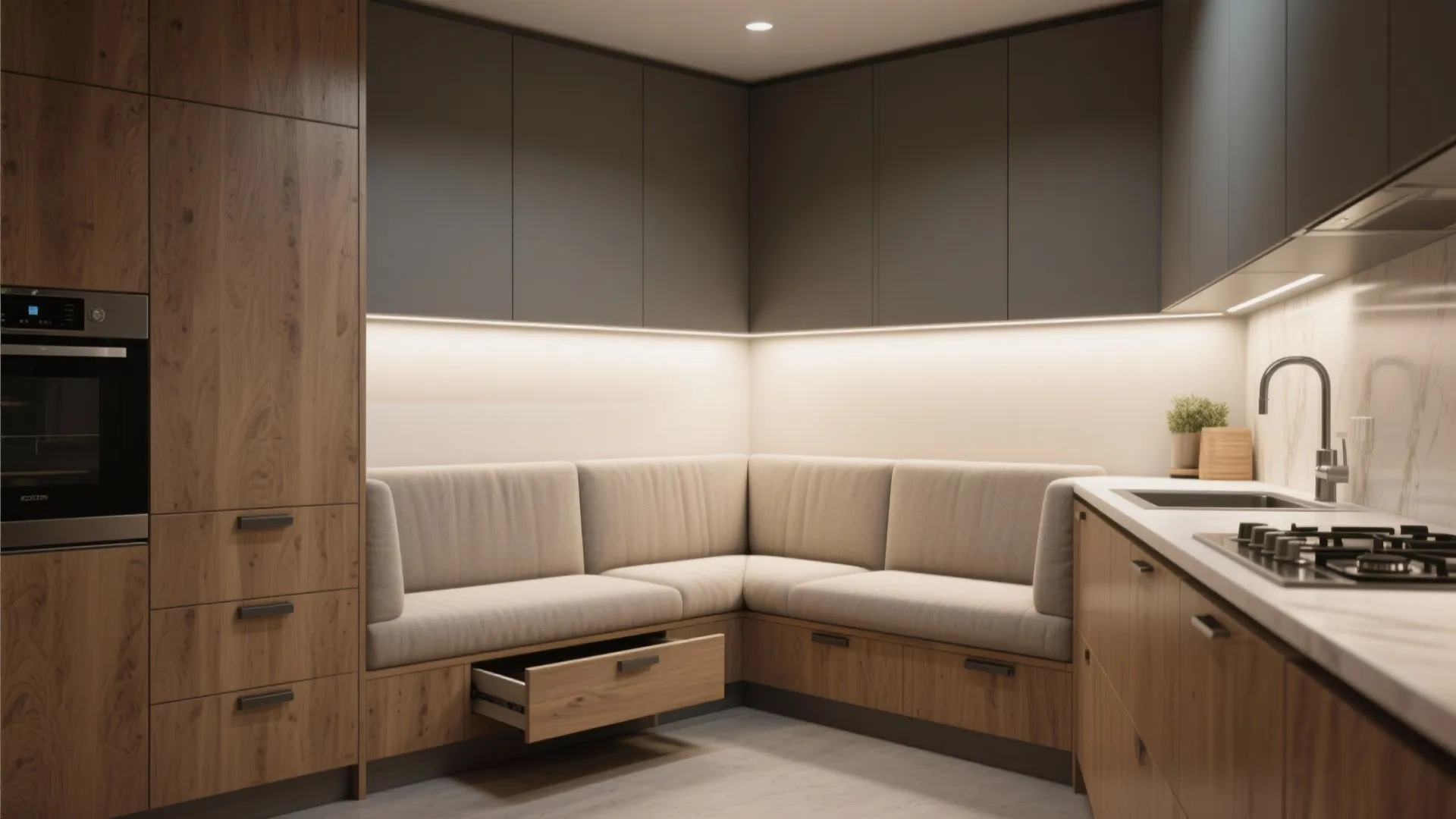 3. L-shaped alcove with integrated cabinetry