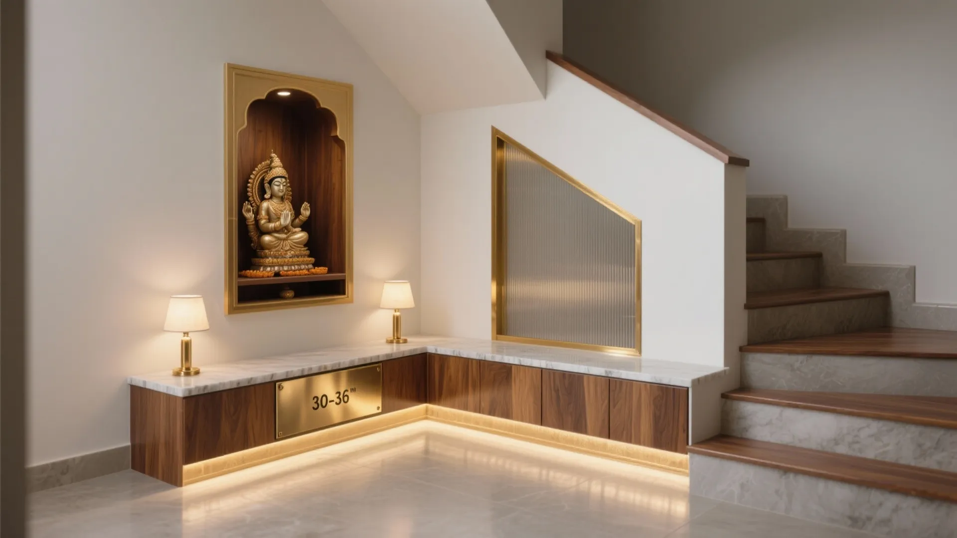 L-Shaped Pooja Alcove Under Stairs or in a Corner