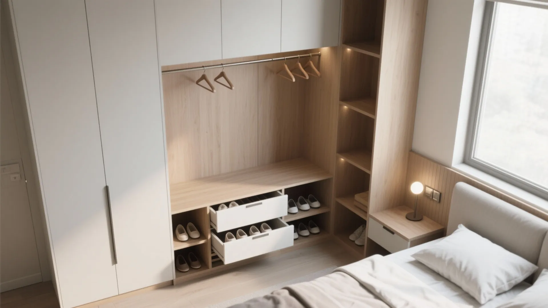 L-shaped wooden closet with hanging space shelves drawers and shoes next to a modern bed