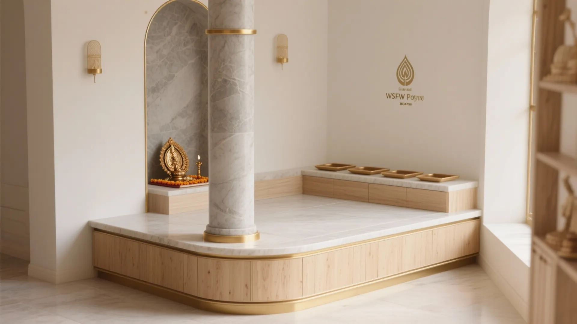 Modern room with marble floor and a large white stone pillar near a wooden bench
