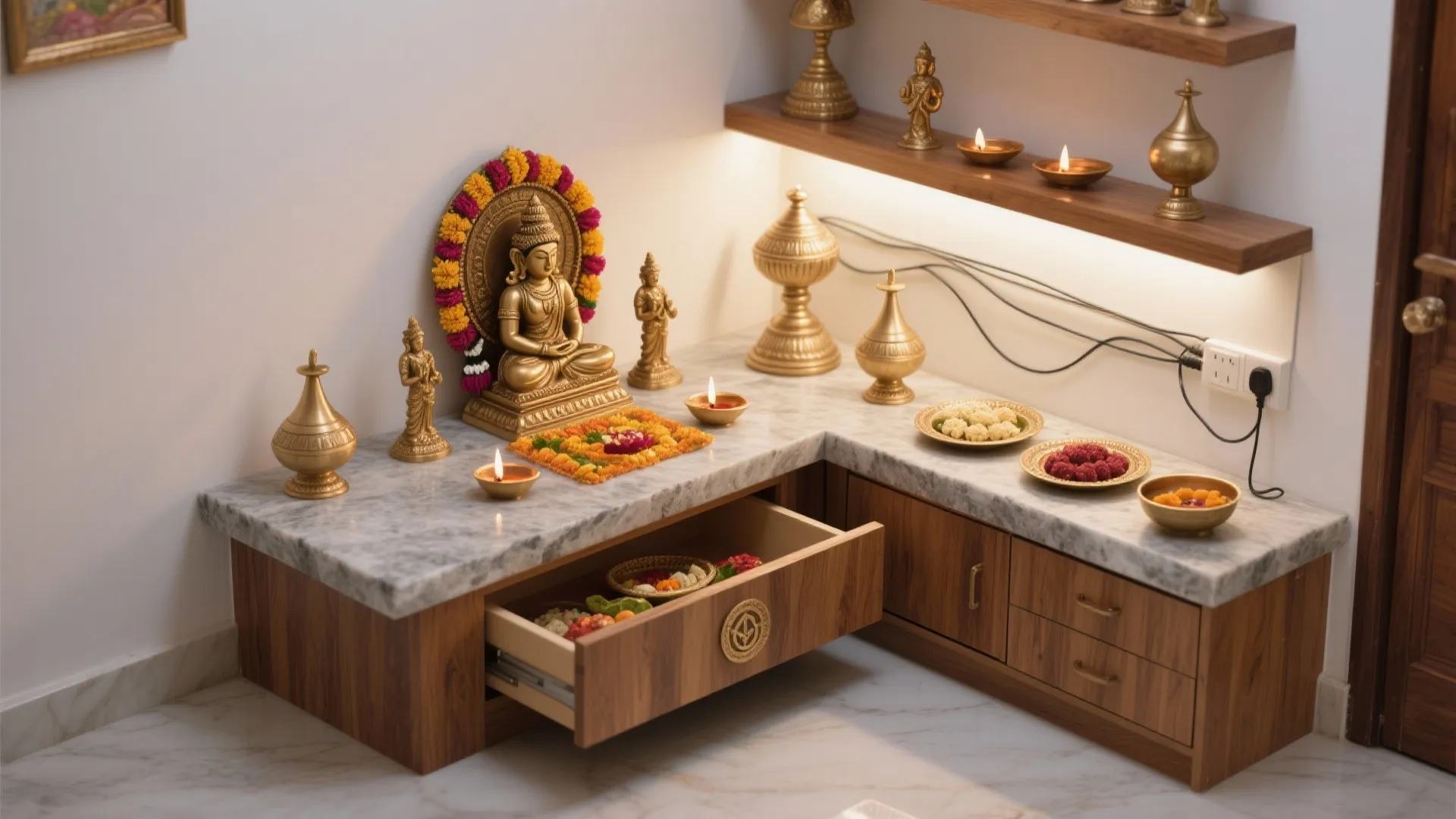 L-shaped pooja altar with stone ledge, lower wood shelf, and organized accessories.