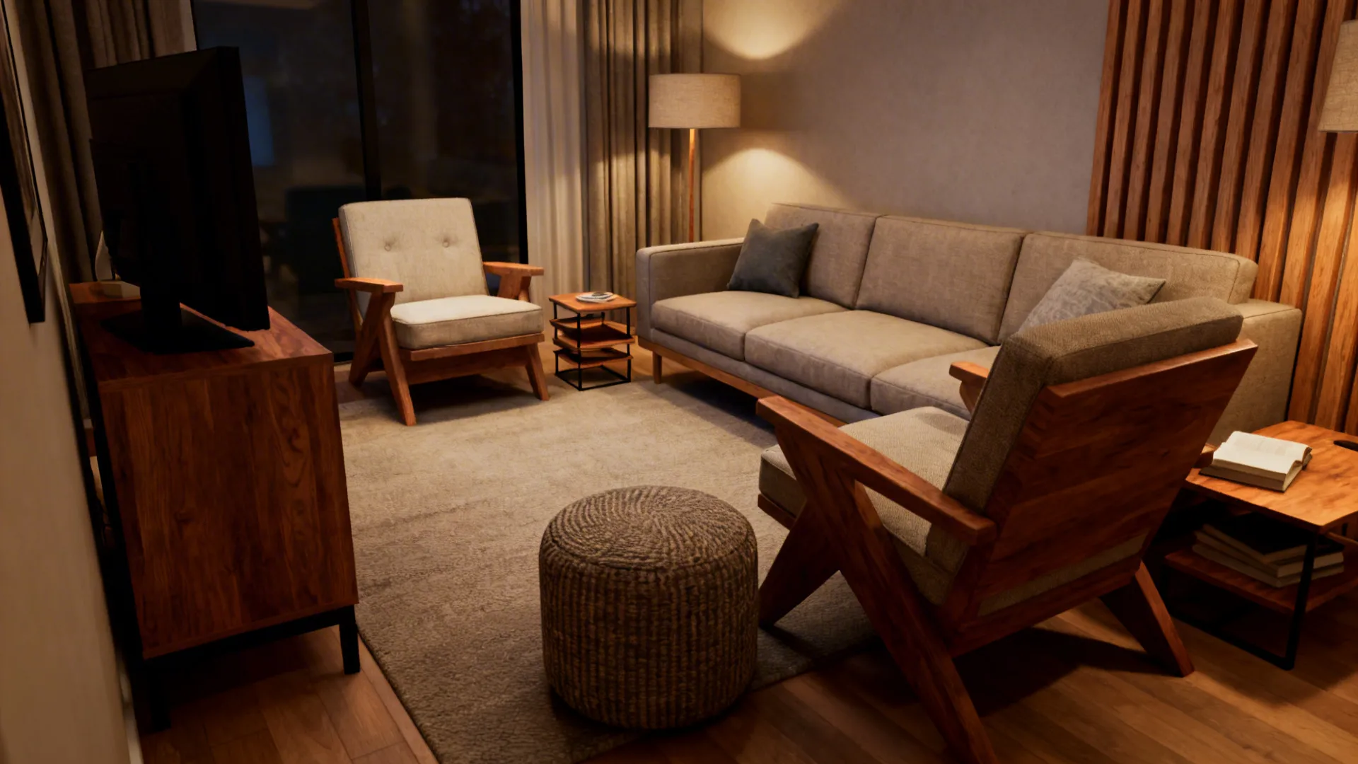 L-shaped seating with one chair as a movable accent and a nesting side table for flexibility.