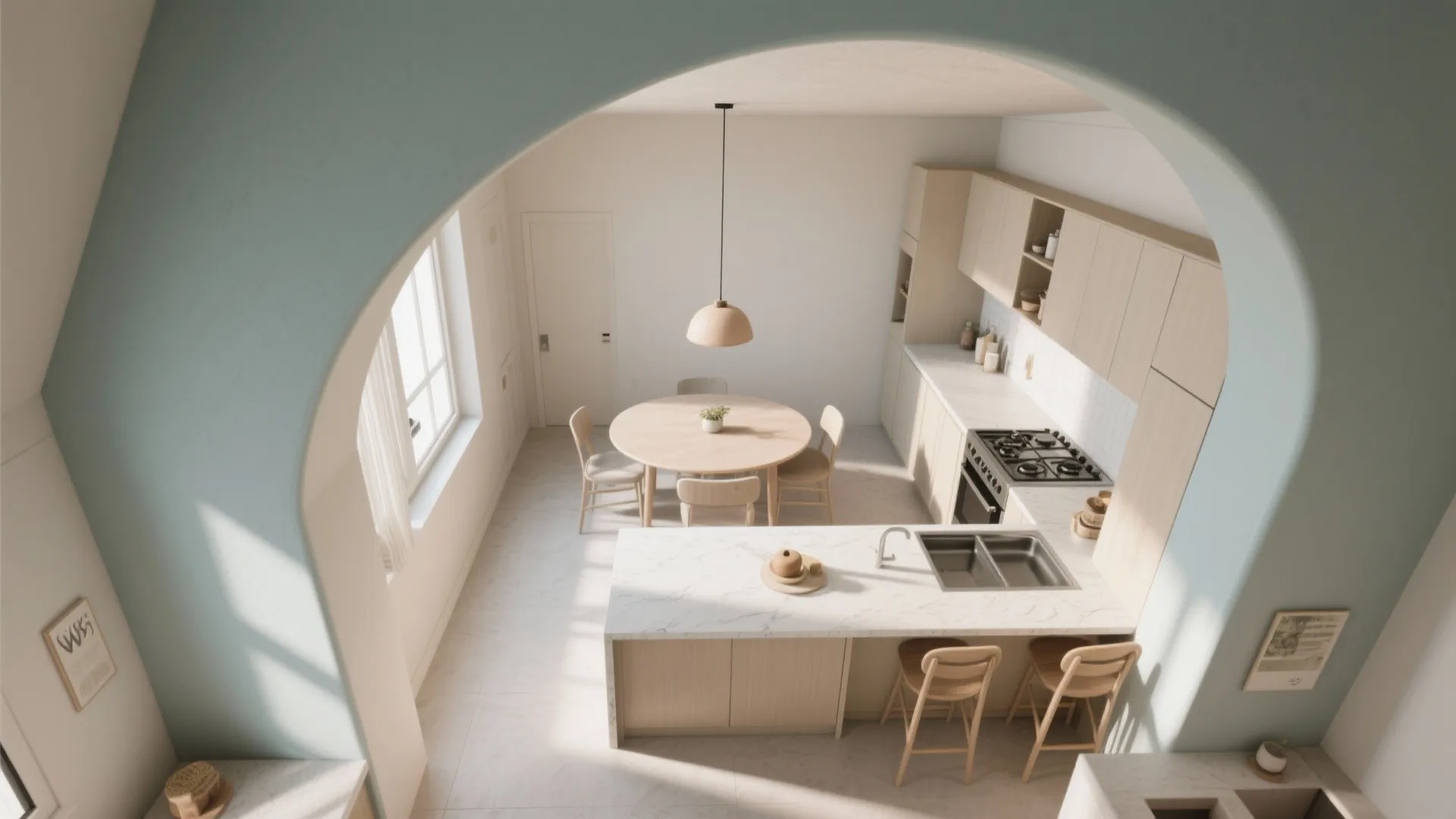3) Soft arch over an L-shaped dining-kitchen corner