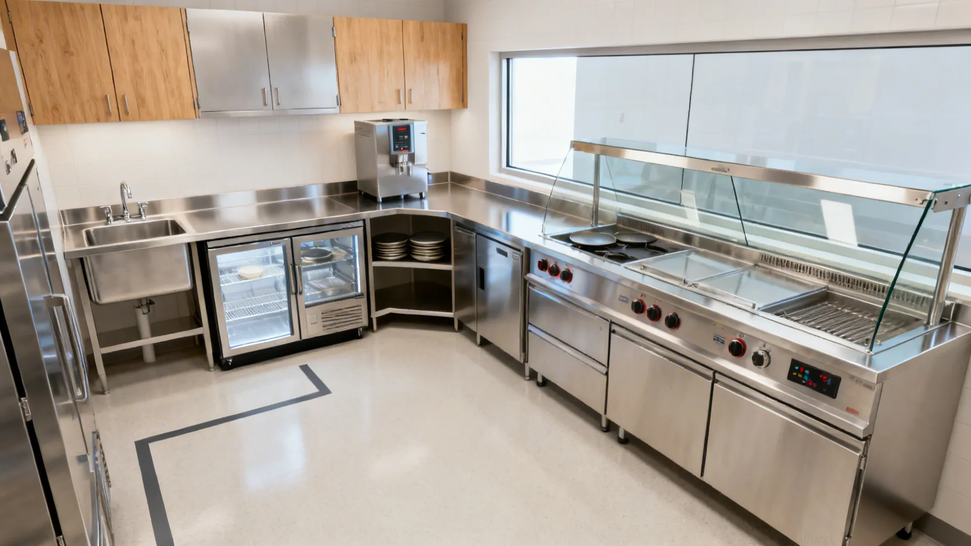 Compact L-shaped commercial kitchen with sink on the short leg and hot line on the long leg.