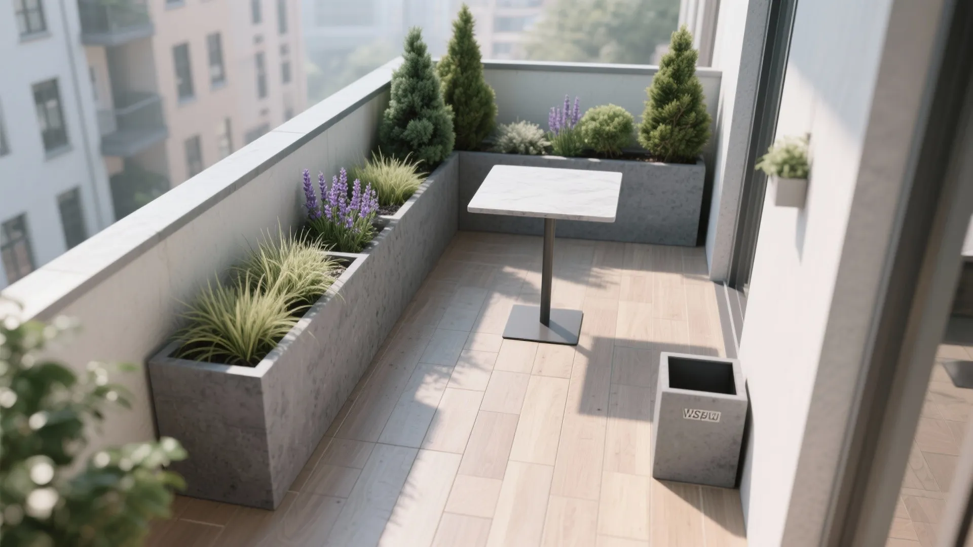 Small balcony with L-shaped planters and a café table, featuring lavender and dwarf conifers.