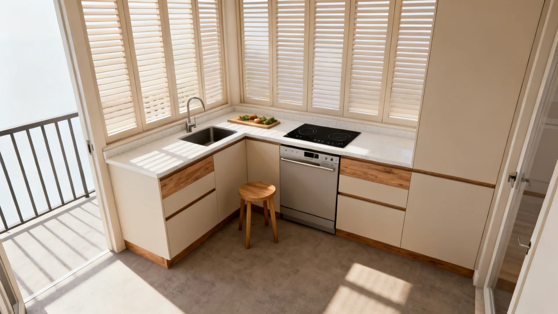 L-shaped balcony kitchen with corner prep, compact triangle, and a small stool by the return.