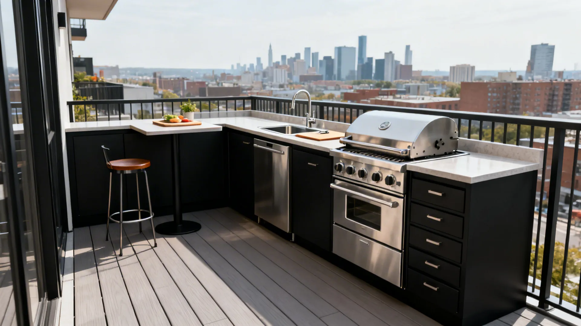Compact balcony L-shaped outdoor kitchen with sink return, grill, and drawers.