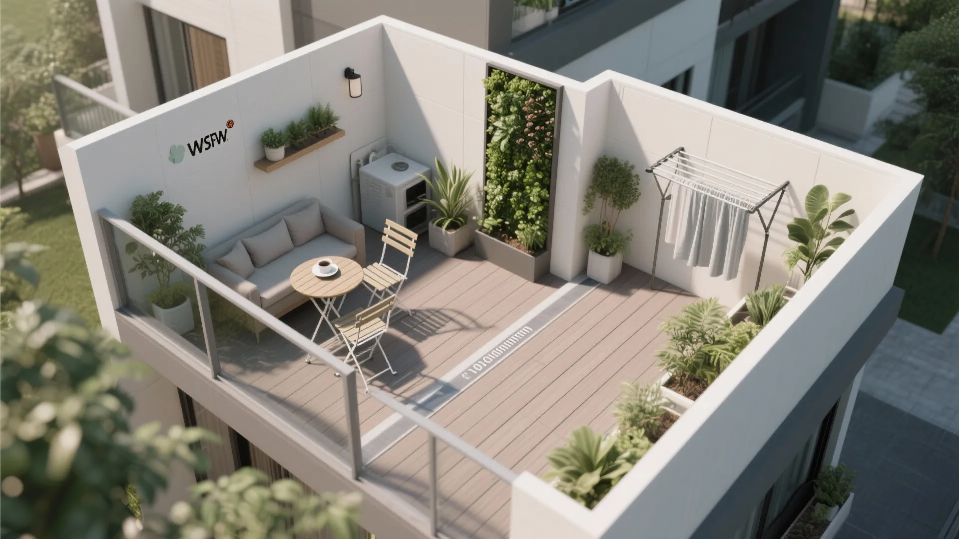 3) Compact L-shaped balcony zones: lounge + utility