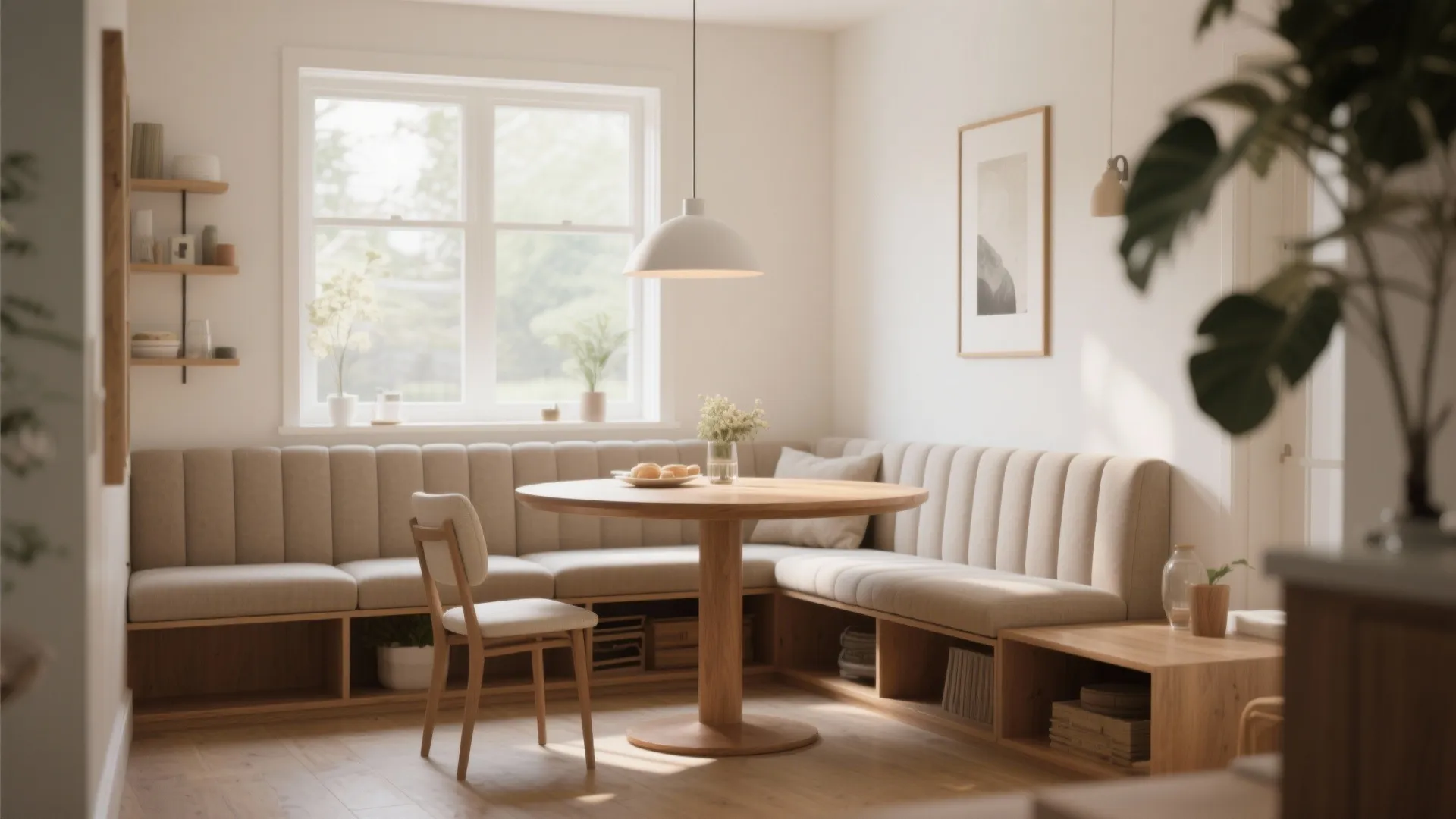 Corner breakfast nook with beige l-shaped sofa wood round table and white dome ceiling light