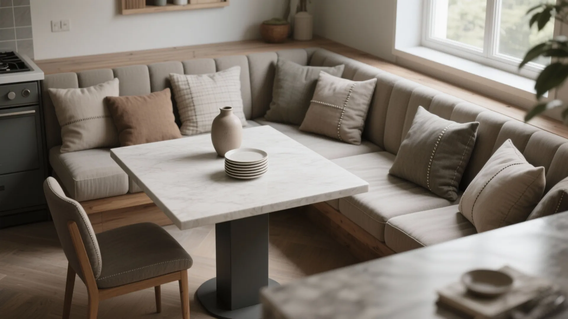 Modern kitchen dining area with L-shaped sofa seating, marble square table, pillows, and natural light