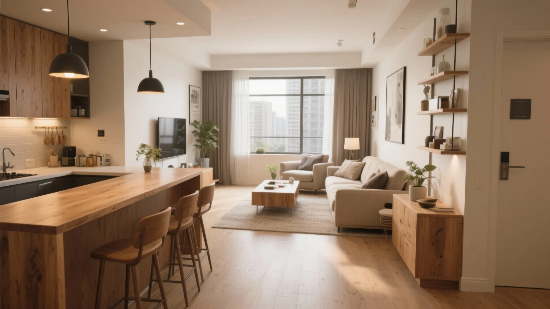 L-shaped bar counter separating compact living area