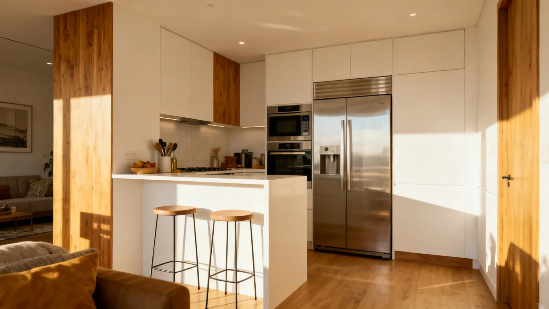 L-shaped small kitchen with a slim peninsula breakfast bar and clear circulation.