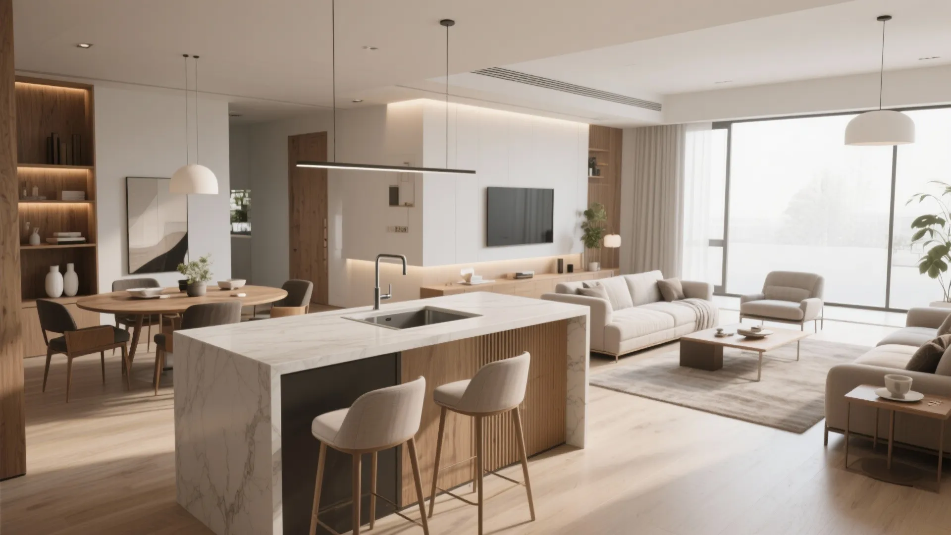 Open plan living room with marble kitchen island stools dining table sofa and large windows