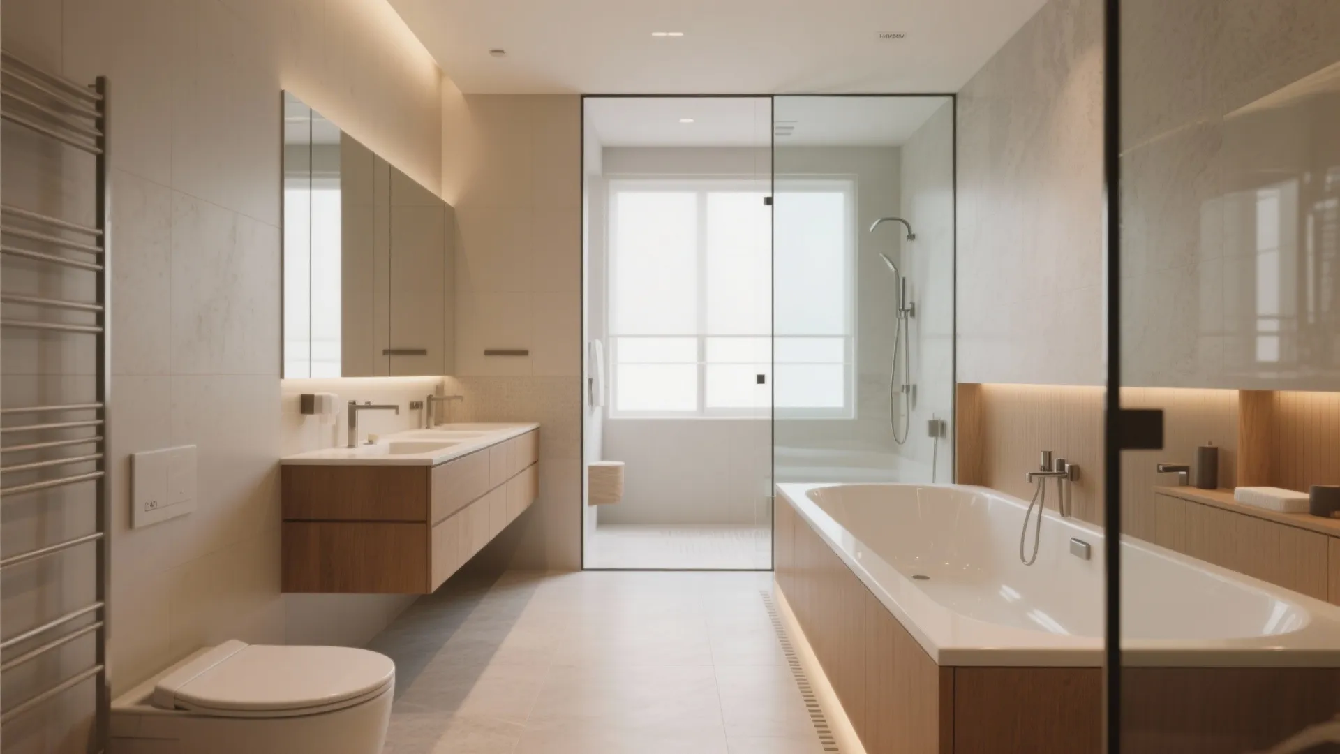 Small bathroom with an L-shaped plan placing the jacuzzi on one wall and storage on the adjacent wall.