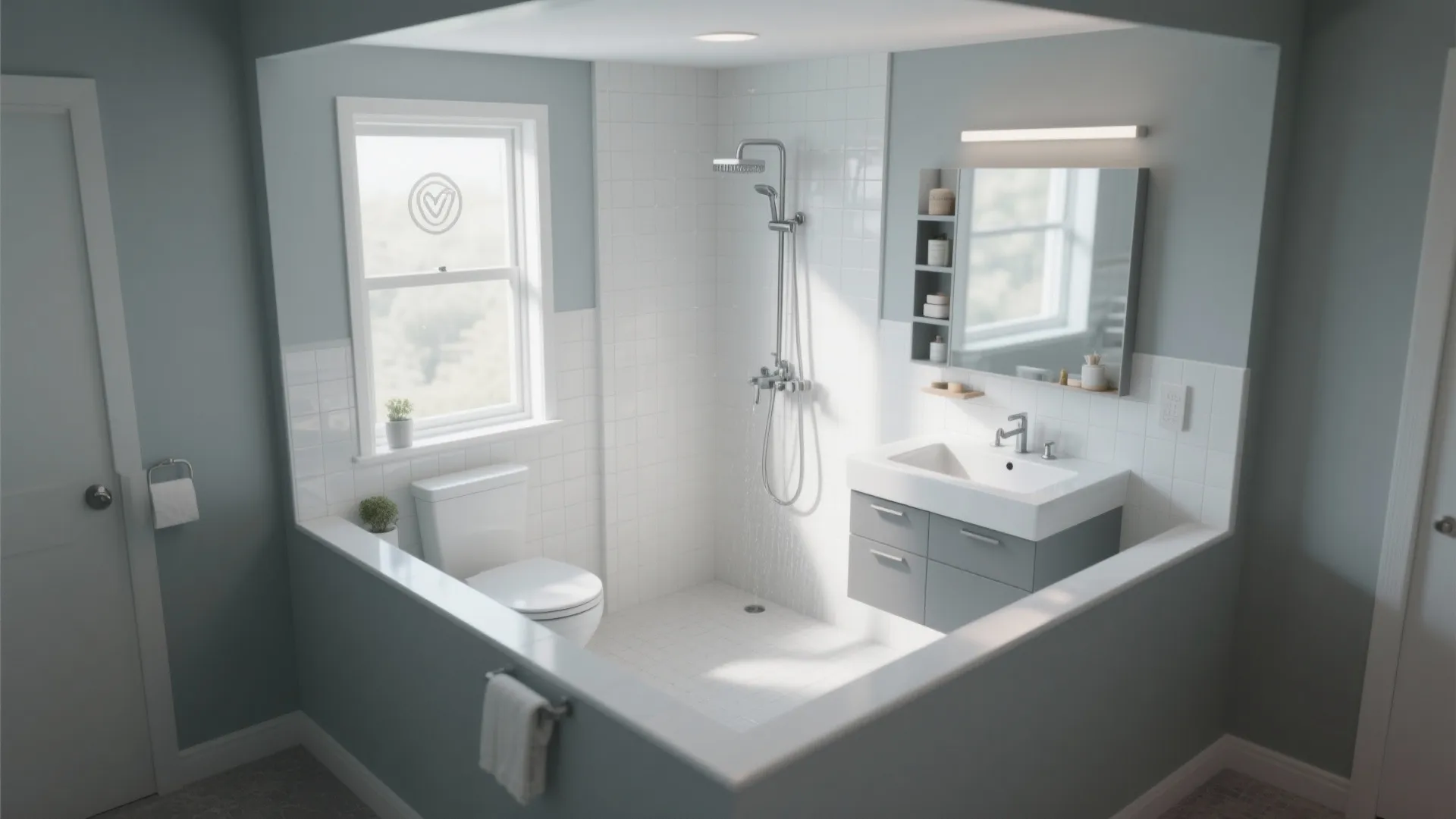 An L-shaped bathroom with separate wet and dry areas