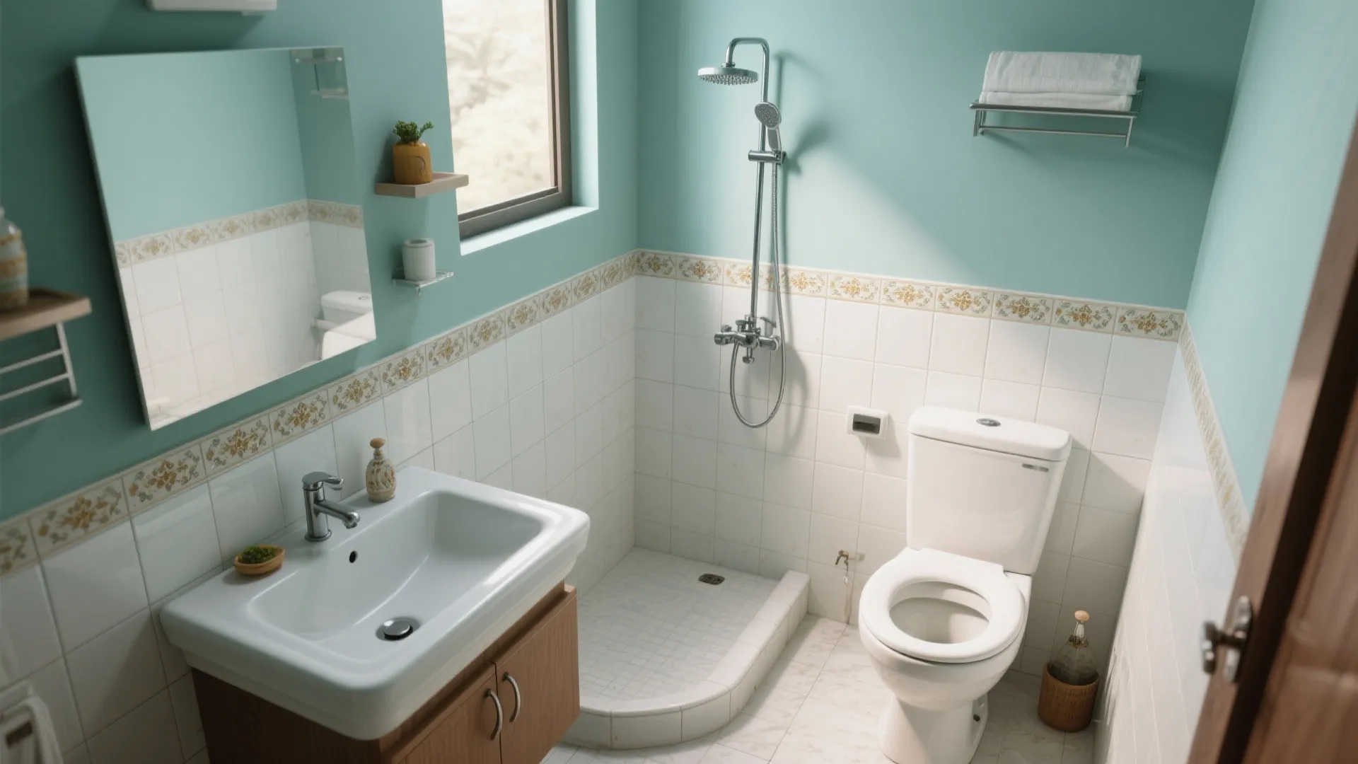 Small bathroom with teal walls white tiles shower head toilet white sink and wooden cabinet