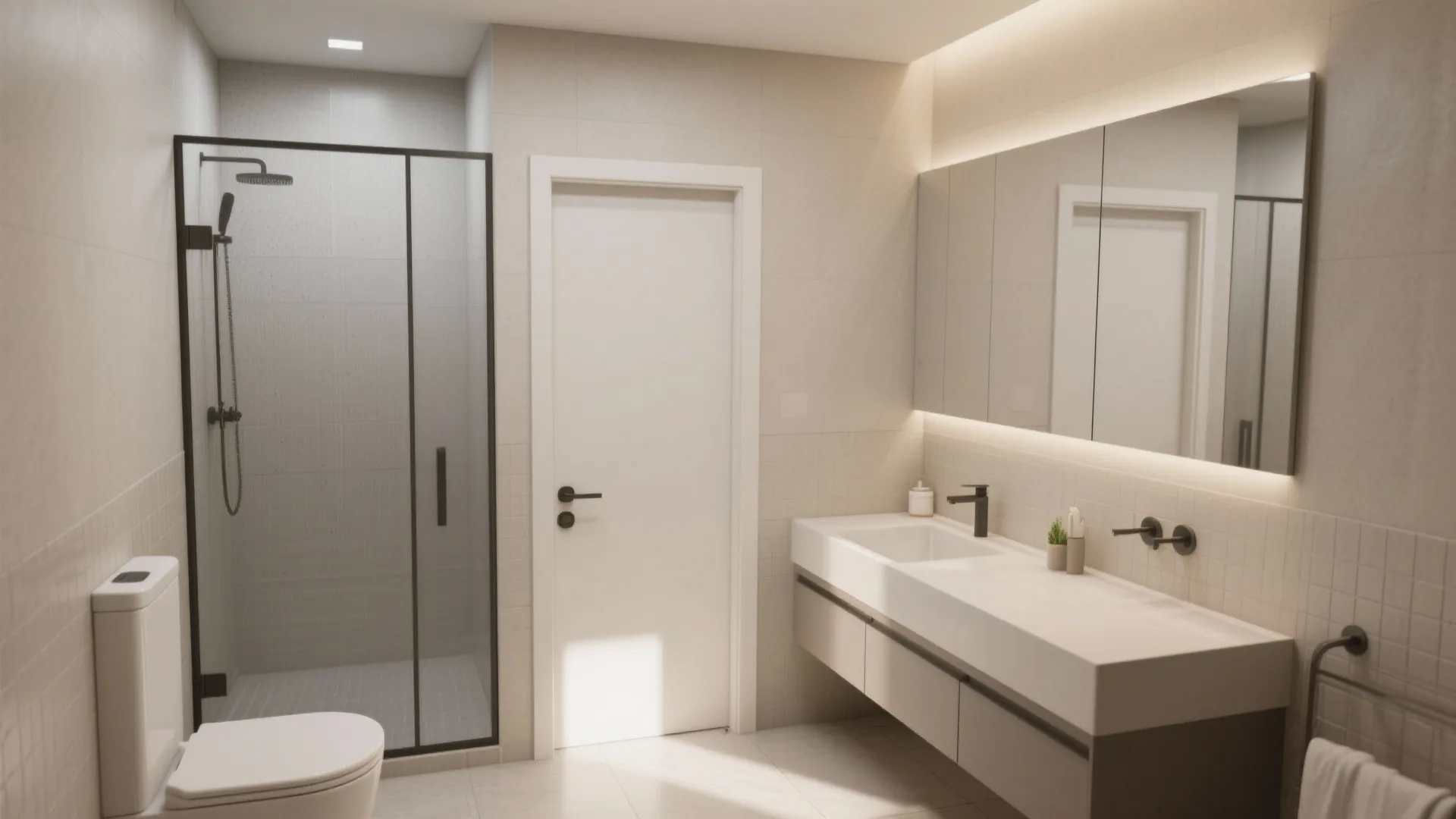 Bathroom layout with glass shower door, white room door, long vanity sink, and large mirror