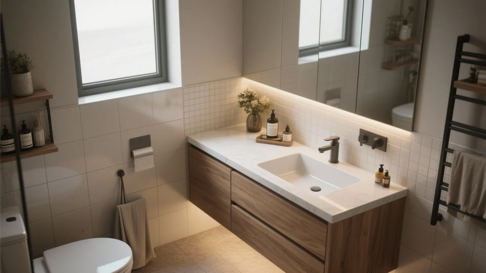Floating wood bathroom cabinet with white sink, lighted mirror, window, toilet, and black metal towel rack