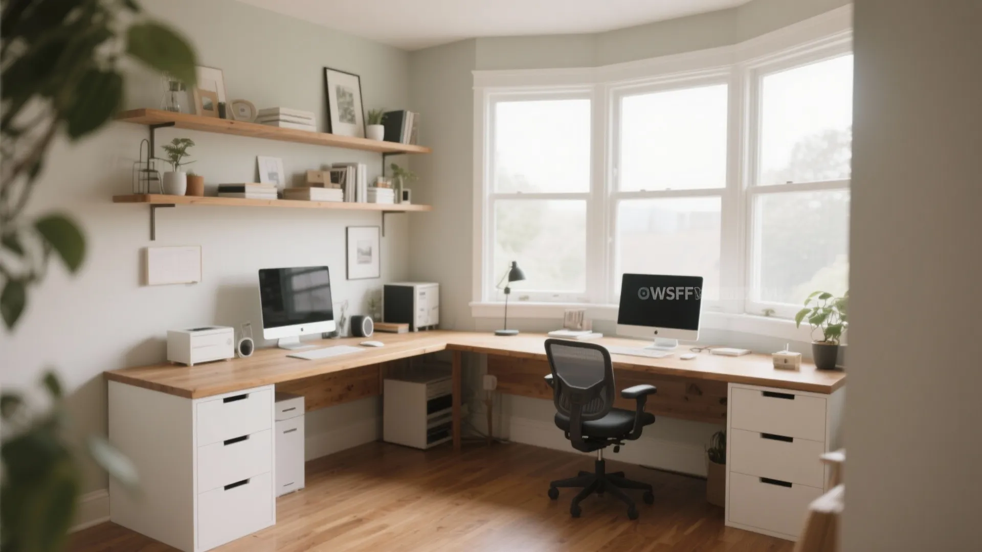 L-shaped desk extending from bay window into room corner