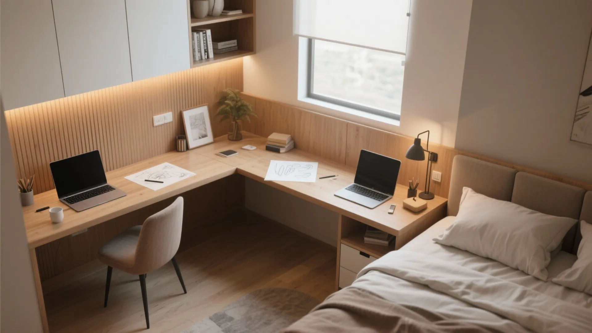 L shaped wooden desk with two laptops and wall paneling placed next to a bed