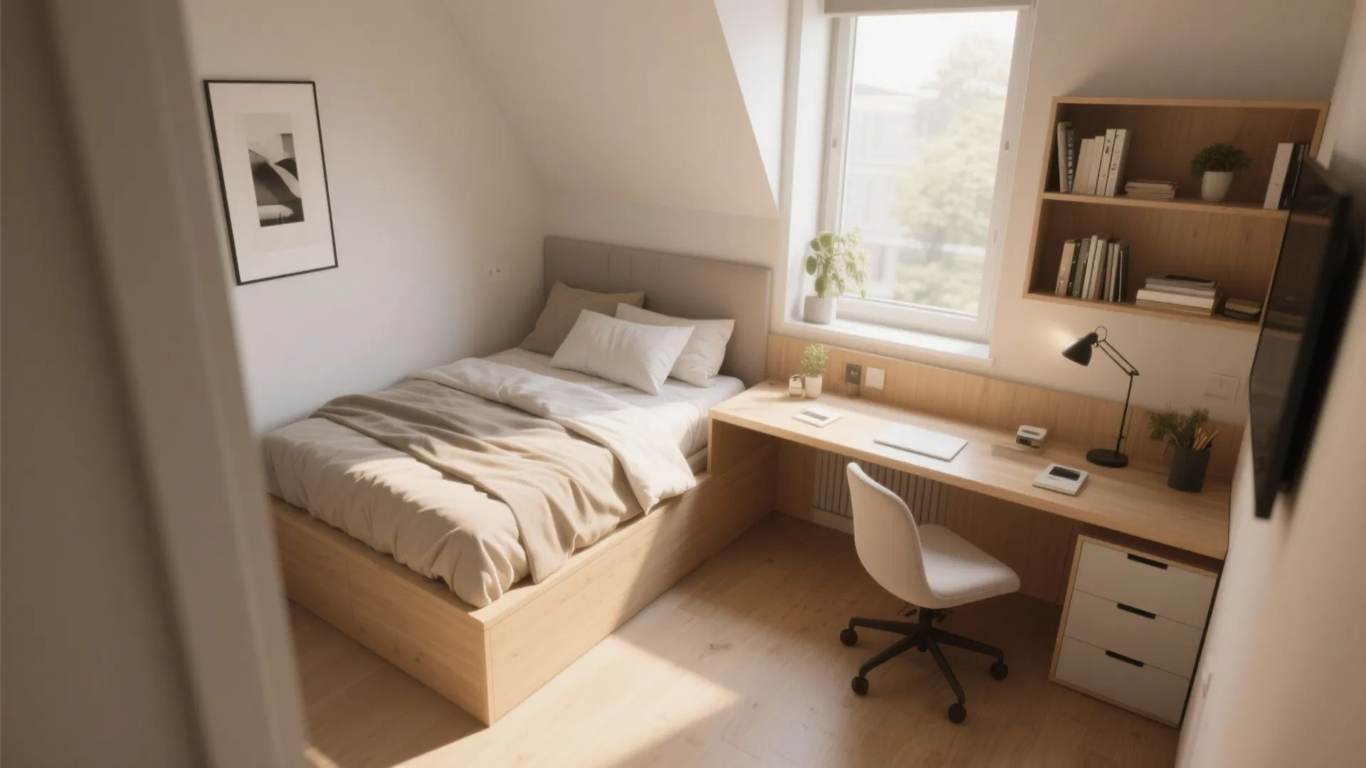 L-shaped study and bed layout