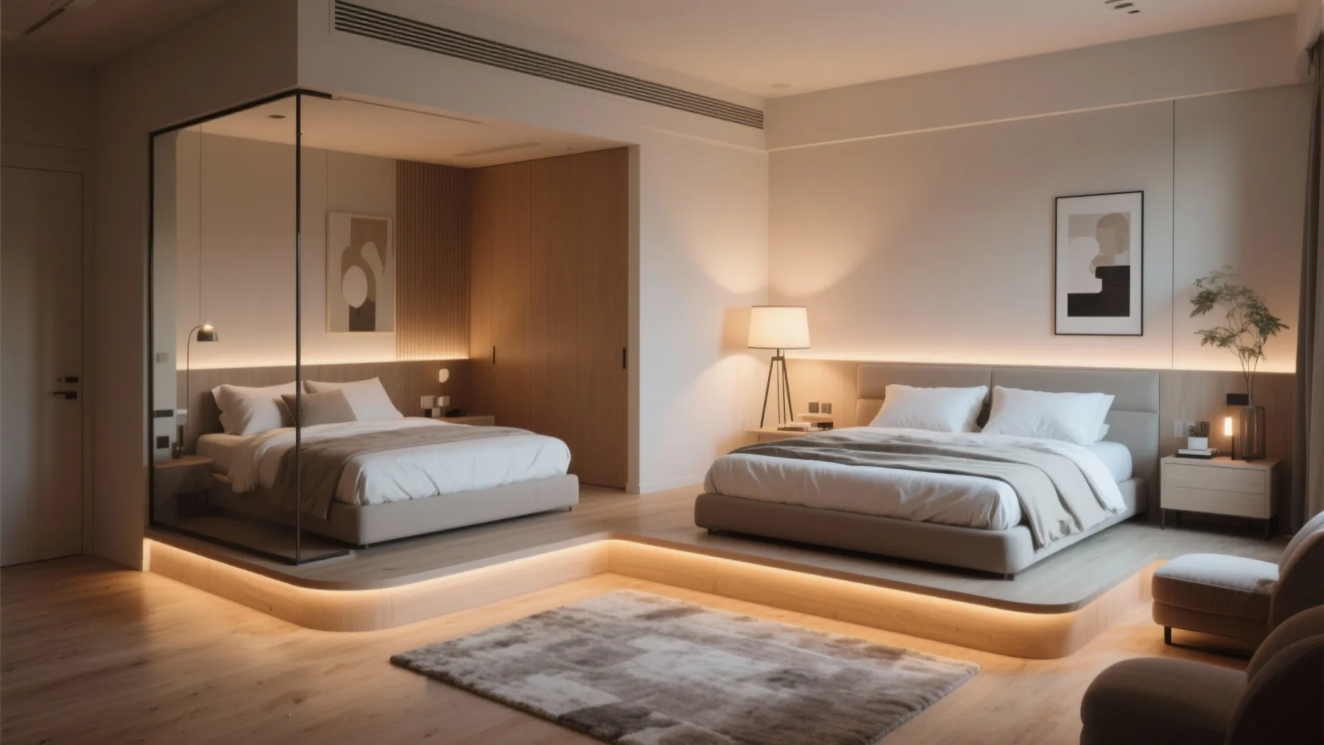 Modern bedroom with two large beds on wooden platforms featuring warm lighting and glass partition