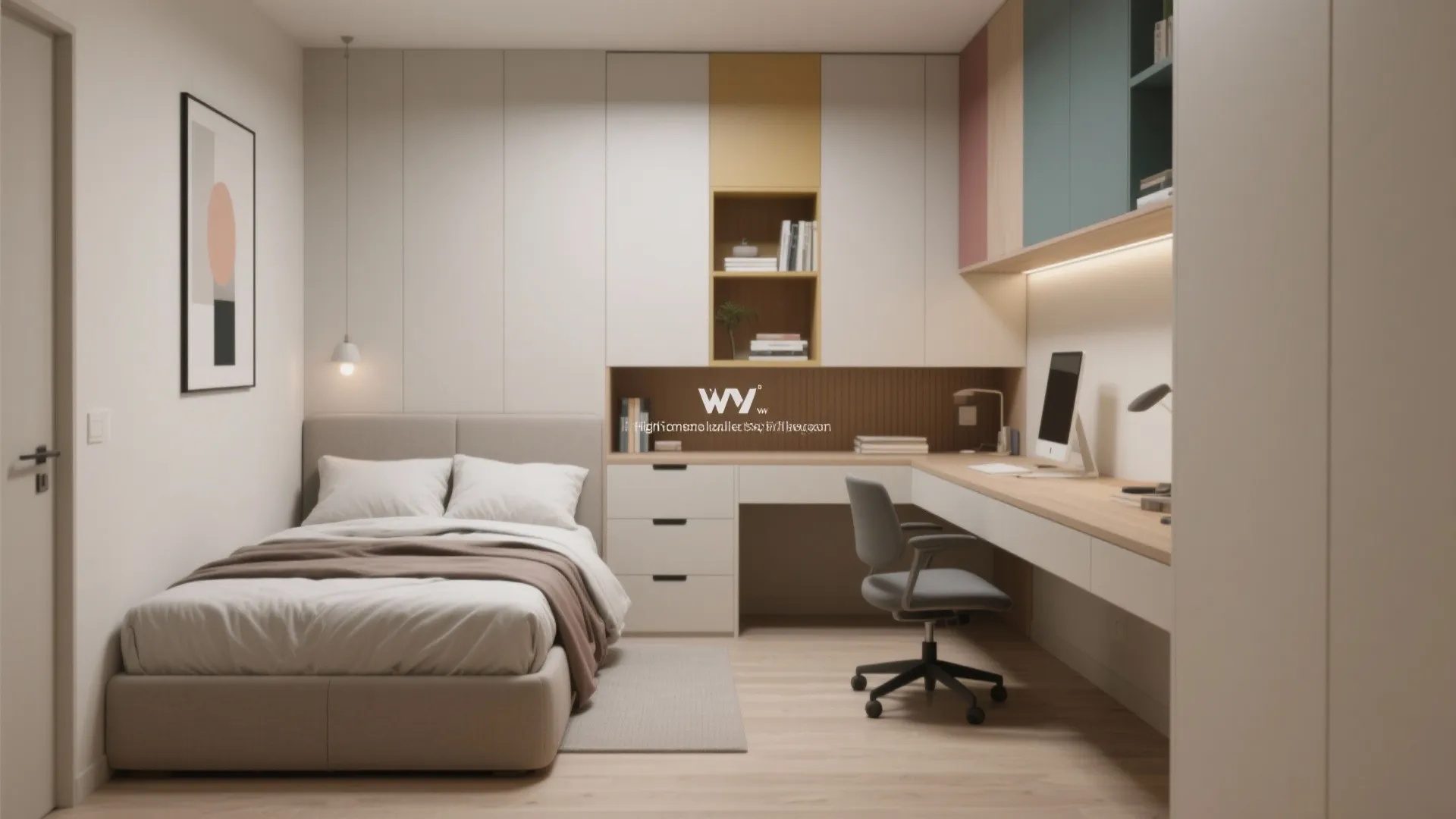 Small bedroom design featuring an L-shaped desk white cabinets colorful wall accents and single bed