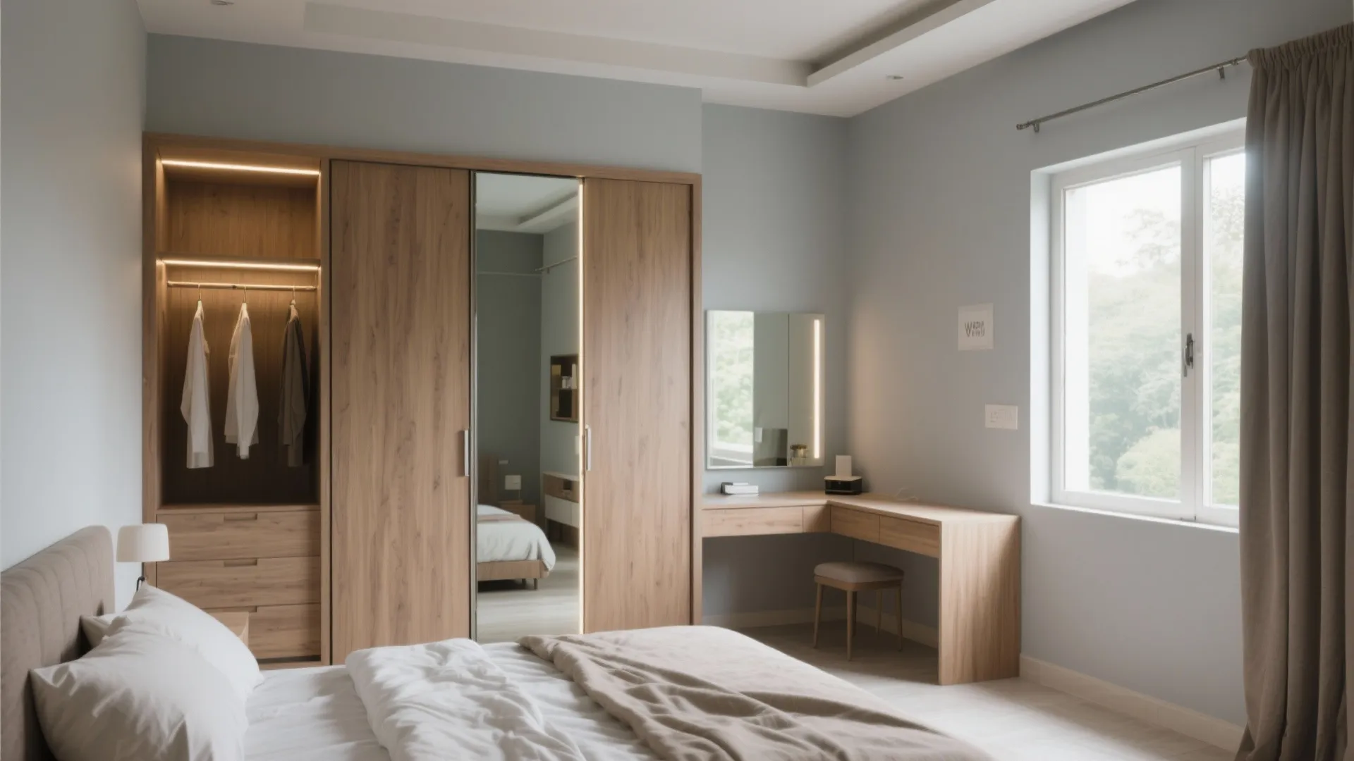 Master bedroom with L-shaped layout, mirrored sliding wardrobe niche, and a slim desk under the window.