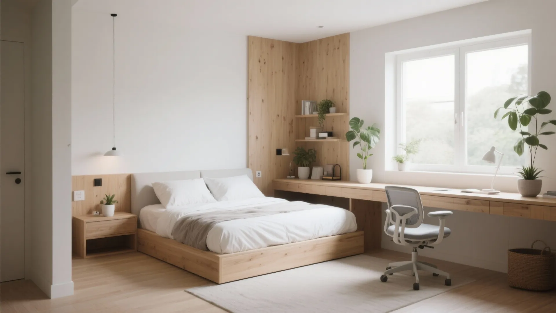 Minimalist bedroom with wooden bed frame white bedding long desk office chair and natural light