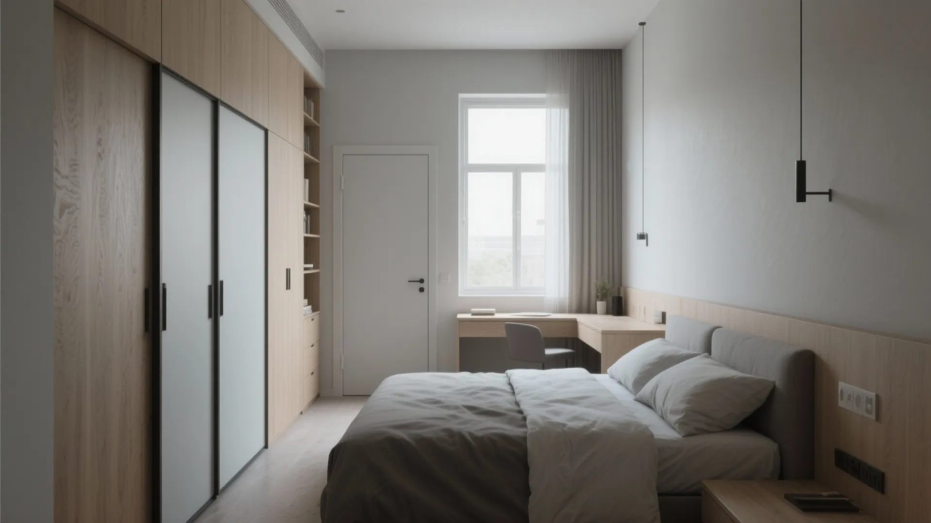 Narrow small bedroom with queen bed and L-shaped storage creating a clear walkway and slim desk area.