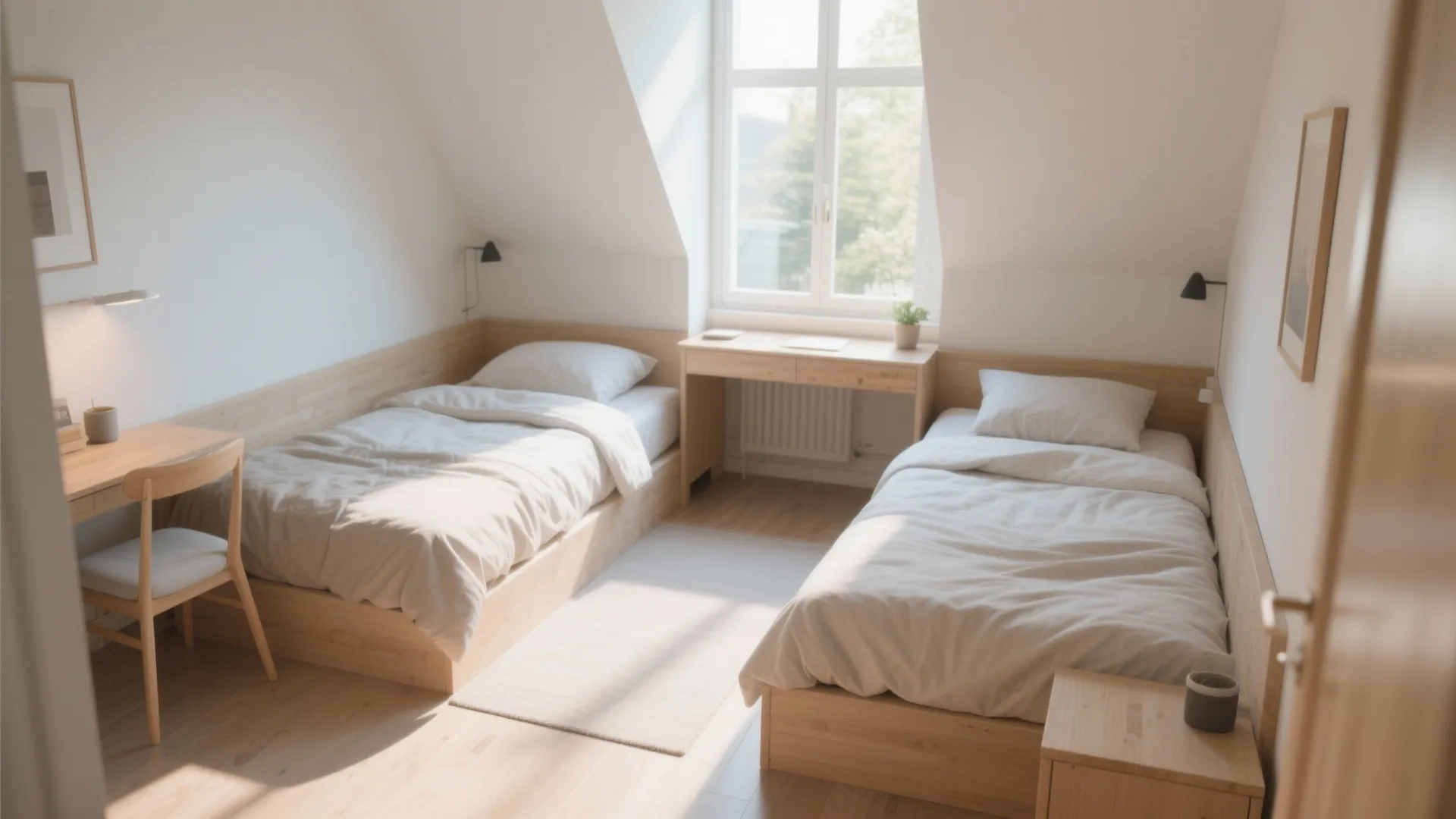 Bright attic bedroom with two wooden beds placed against the walls and a central window
