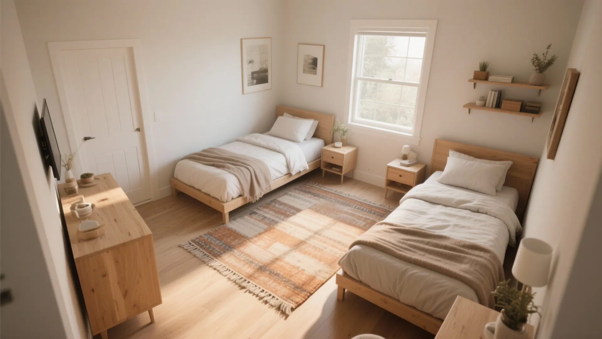 Two wooden twin beds in a bright bedroom with white walls, patterned rug, and light
