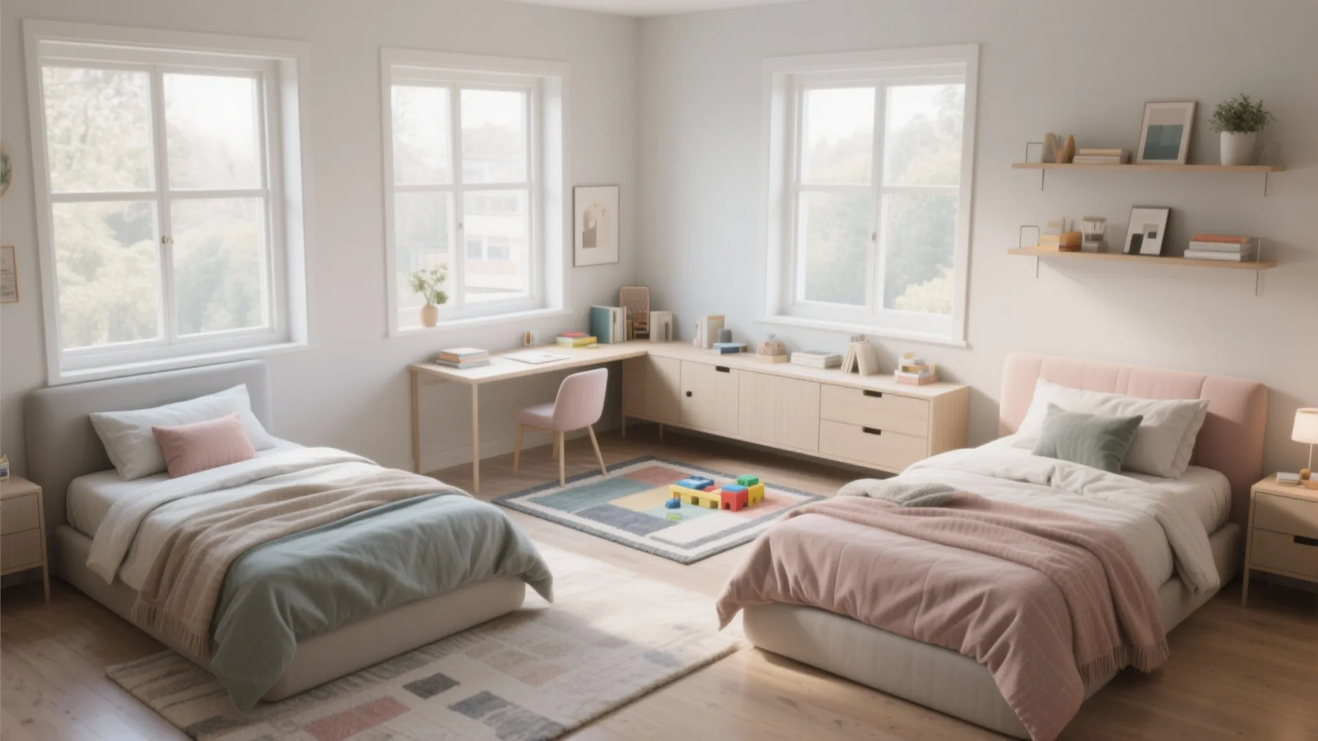 Kids bedroom with two beds arranged in an L-shaped layout including desk and wall shelves