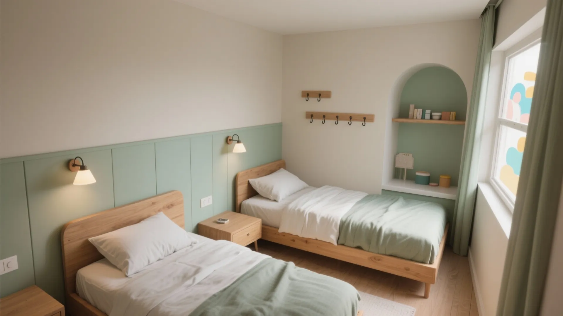 Minimalist twin bedroom with green wall panel two single wooden beds wall light and window view