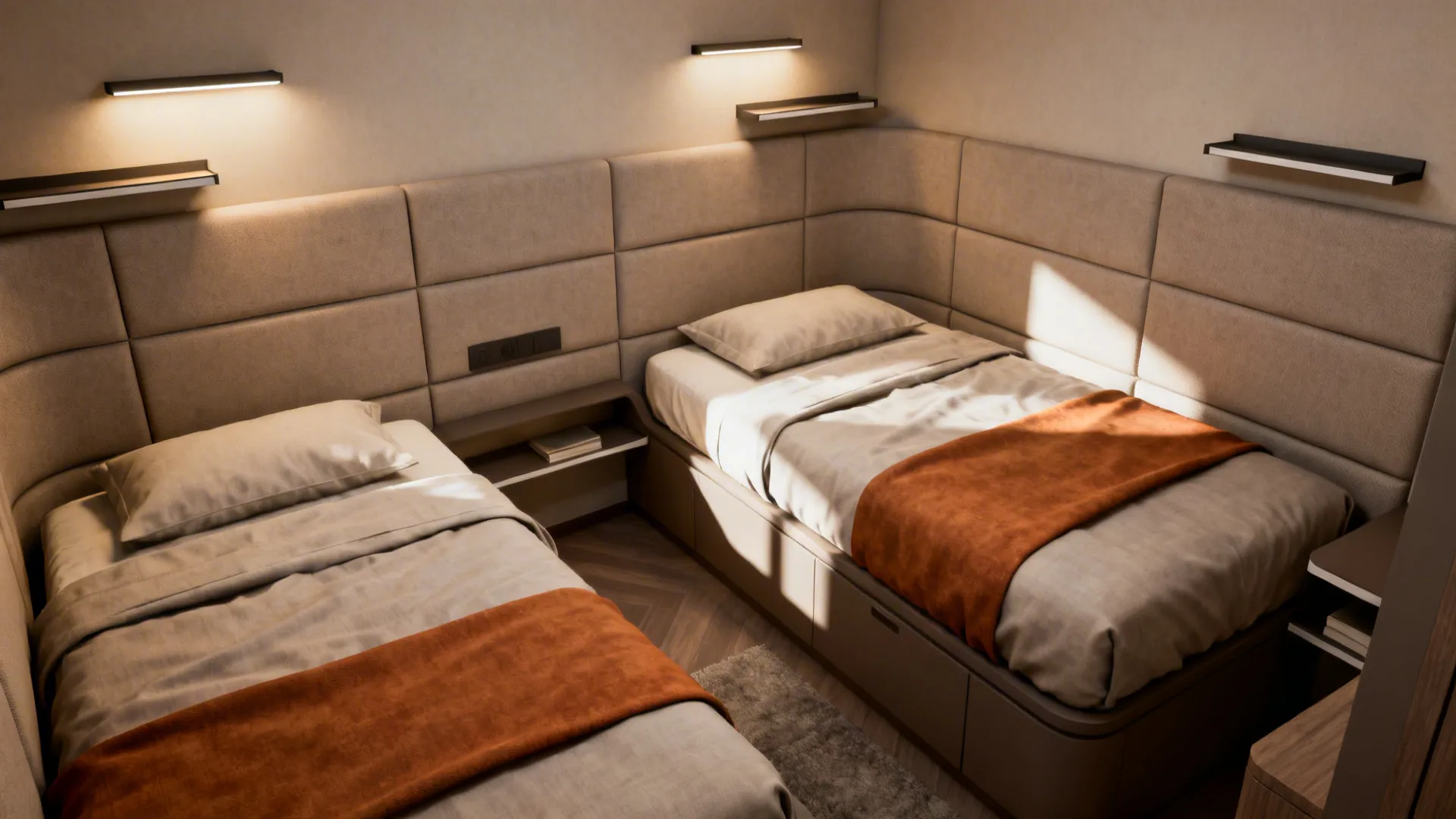 L-shaped single beds with staggered headboards and wall-mounted lights in a small room