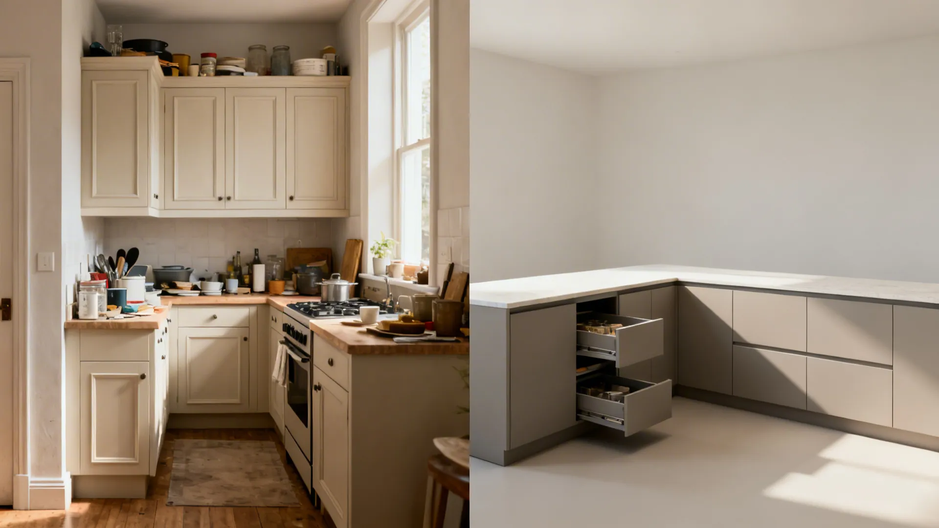 Before and after comparison of a messy old kitchen and a modern clean grey kitchen