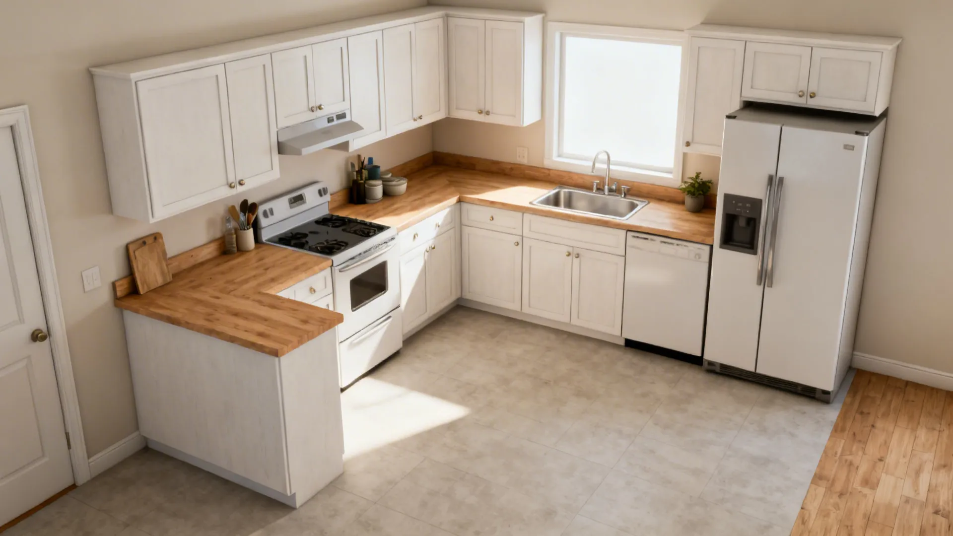 Before-and-after of a small kitchen changing from a cramped single run to an efficient L-shaped layout.
