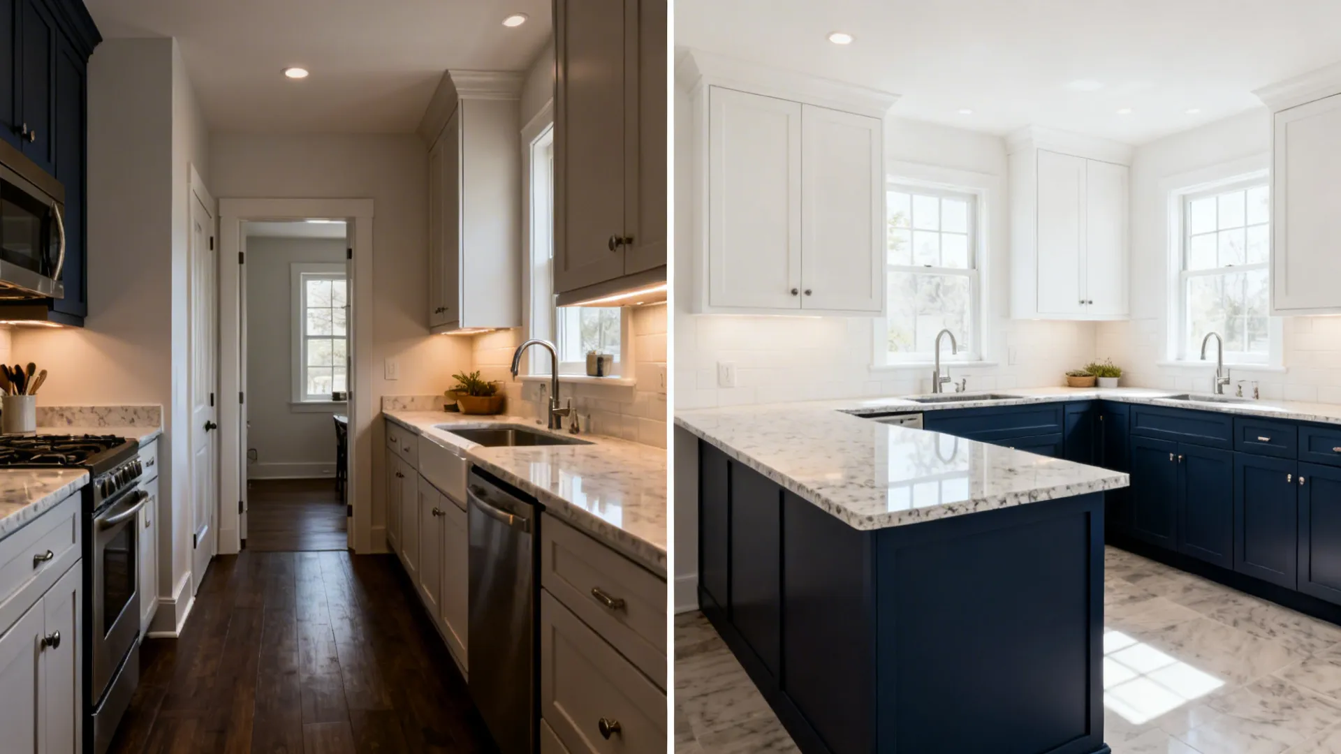 Before-and-after showing a cramped layout becoming an efficient L-shaped navy and white kitchen.