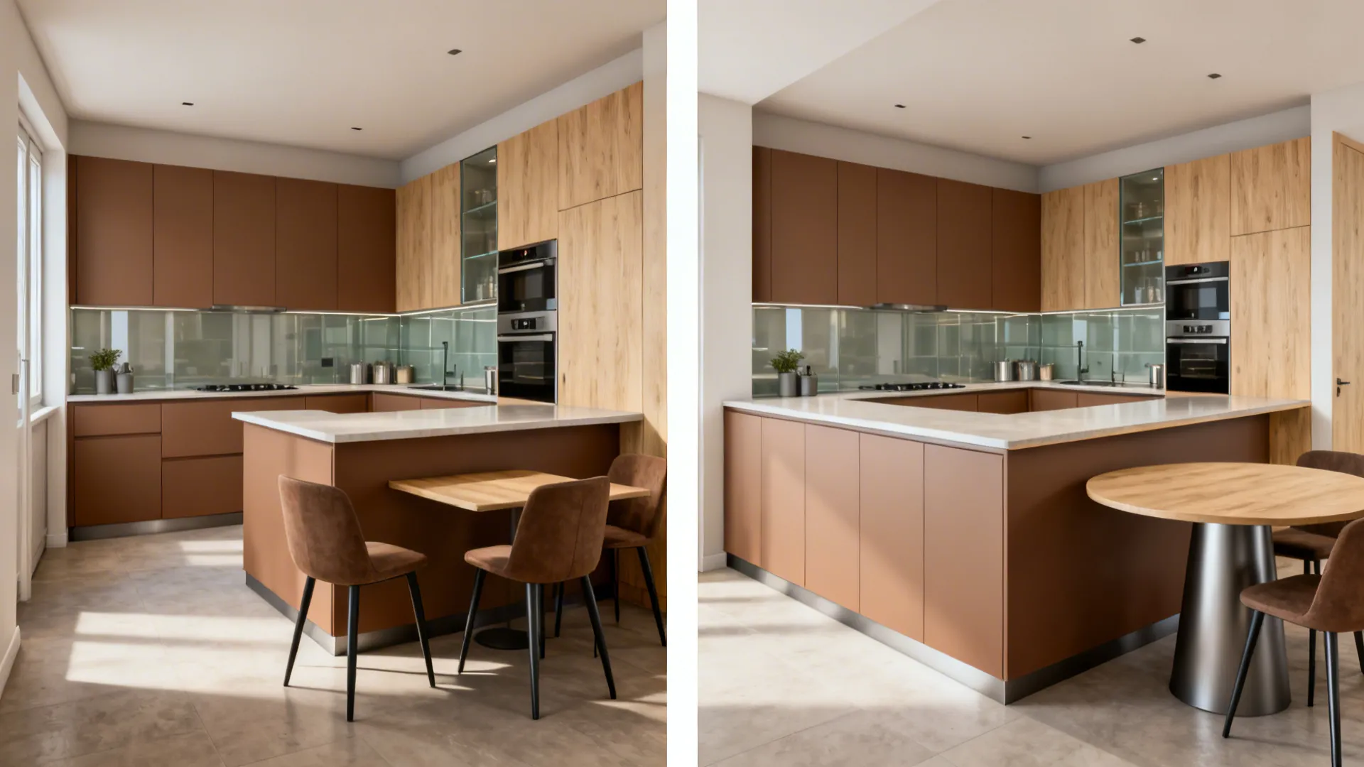 Before-and-after of a small kitchen diner changing from a straight run to an L-shaped layout with better counter space and circulation.