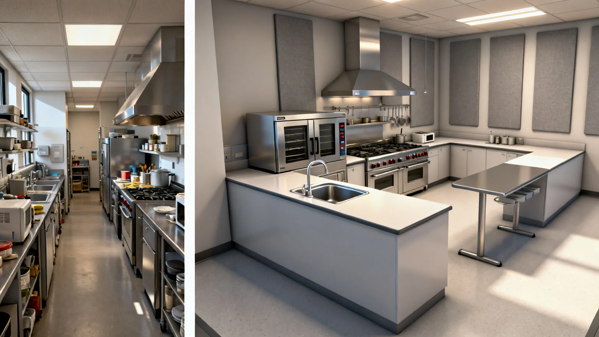 Before-and-after comparison showing a cramped single-wall kitchen transformed into an efficient L-shaped core with a mobile prep table.